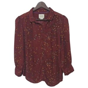 Anthropologie Red Cuffed Sleeve Button Down Shirt
